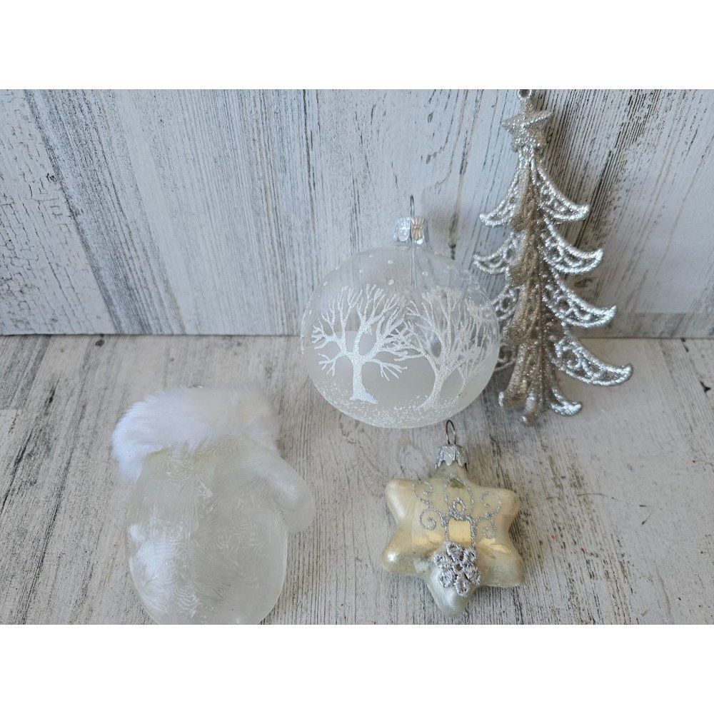 Silver glitter star tree white mitten glove ornament Xmas tree set lot